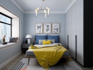 次卧室作为客房来使用，整体呈现淡蓝色的色调，明亮干净的氛围让客人来也能拥有一个舒适入睡空间。