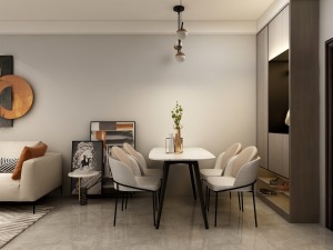 与客厅相呼应，餐厅与客厅相连，墙面保持素雅的状态，延续空间的连贯性在颜色上与客厅统一色调。