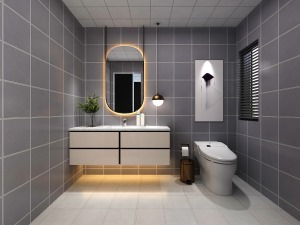 卫生间的设计采用灰色调，整体空间色调统一，有着高级灰的感觉，浴室柜采用当下流行的款式，美观，易打理。