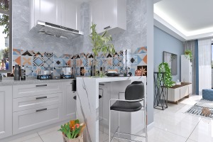 开放式厨房增加了厨房的使用空间，也让屋内整体通透性更好，墙面花砖凸显了厨房的个性设计。
