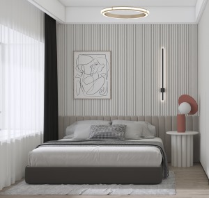 房间简单的墙面装饰，以线条的形式凸显设计感，让主人家在休息的时候舒适、温馨。
