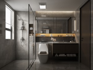 卫生间采用干湿分离的设计，整体呈现灰色调，洗漱间壁龛的设计生活使用起来很方便。