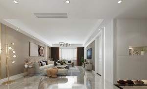 客厅整体偏白色调，隐形门的设计采用线条搭配，让房间干净明了。