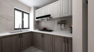 厨房墙面以暖色系瓷砖，搭配白色与深色橱柜，以色彩的变化增加空间的层次感，打造自然、雅致的家居感觉。