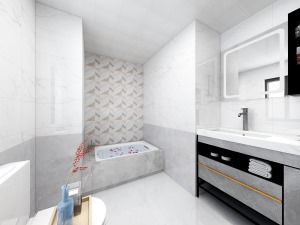 卫生间的灰白混色增加了空间的流动性，浴缸背景以拼接瓷砖为空间点缀暖色调，打破空间带来的冷色调。