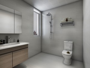卫生间采用灰色系墙砖通铺的设计，简洁、大气，搭配木纹色的浴室柜，更显干净，凸显质感。