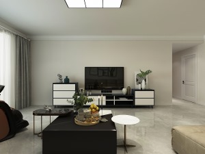 客厅没有多余的造型，整体黑白灰色的搭配，偏杏色的乳胶漆颜色造型给空间增加明亮感。
