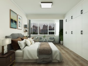 卧室阳台打通了与卧室空间连在一起，整体空间感更大了，阳台区域打造休闲空间。