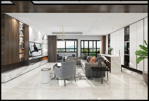 客厅以大地色系为主线呈现出统一质感，以材质为界完整切割动线与功能区。