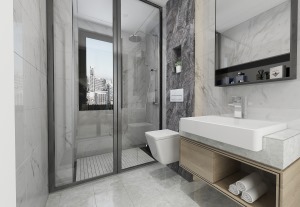 主卫整体空间设计干净利落的爵士白瓷砖给予空间简洁轻奢的质感。