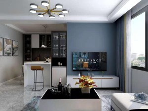 客厅电视背景墙采用蓝色调乳胶漆，增加空间层次感。