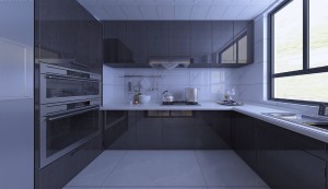 厨房设计采用小U型台面设计，使用起来更加方便，也不占用空间，地柜和吊柜的组合也增加了储物功能。