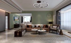 客厅作为家居生活的核心区域，是整个家庭装修的重点，沙发背景墙采用豆沙绿使整个空间比较清新雅致。