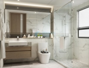 卫生间采用推拉式镜柜，增加了整个空间储物能力，整个空间为干湿分离的方式，让整个空间看起来更加宽敞。