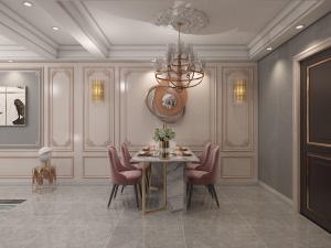 客餐厅在同一个区域，墙面造型采用统一的设计对称，两边的小筒灯也增加了空间感。