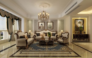 沙发背景墙设计简单的脚线，搭配浅色纹理壁布，增加了空间轻快的氛围。