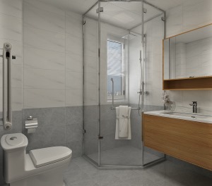 墙砖采用浅灰色墙砖与白砖想结合的铺贴方式，视觉冲击力效果更强，搭配黑色淋浴房使空间更加时尚大气。