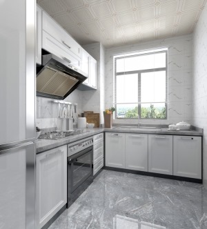 厨房瓷砖猜中了灰色系哑光瓷砖，搭配浅色地柜门板和金色把手的结合，让整个空间有了对比度增强了质感。