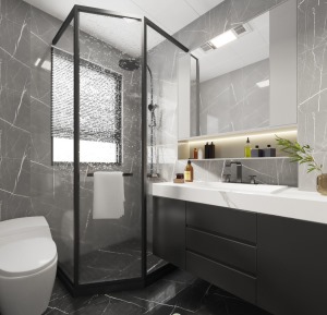 浴室柜深色柜体搭配白色门板，金色长条拉手，无一不体现出大气的感觉，整体空间干净、整洁不失优雅。