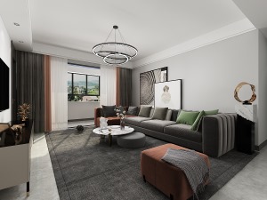 客厅整体呈现灰色调，在设计上采用撞色的处理，搭配墙面挂画现代时尚。