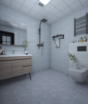 卫生间采用灰色调，整体空间较大，对于浴室柜的放置互不影响，采用原木色系的浴室柜增加了亮度。