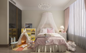 女孩房房墻體設計了清新的暖色墻體，粉色為基調，布置童趣家具，少女心滿滿。