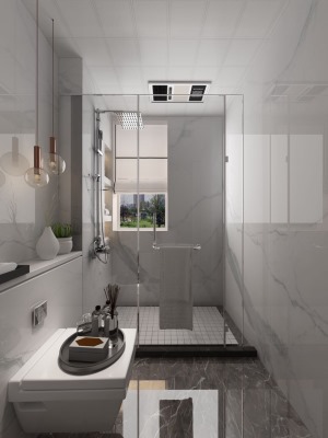 卫生间面积挺大，白色淡纹墙砖使卫生间更加明亮，不显压抑，壁龛的设计增加了储物，又带有设计感。
