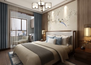主卧室整体采用木色系搭配，窗帘的浅蓝色进行点缀，背景墙护墙板和硬包的材质碰撞，也使空间墙面富有层次感