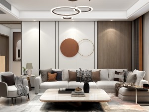  沙发背景墙采用灰色色硬包与木饰面相结合，与电视墙形成呼应，使整个空间更加整洁有序。