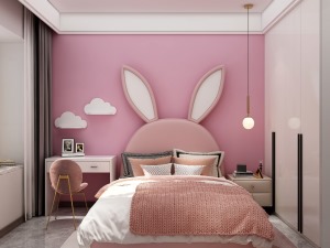 女孩房房墻體設計了清新的暖色墻體，粉色為基調，現在流行的“兔子床”少女心滿滿。