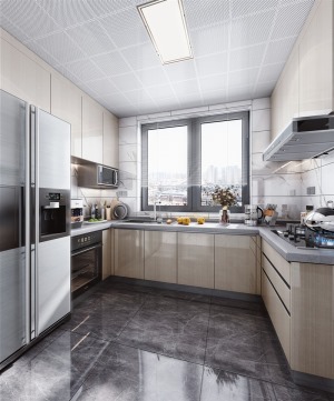 厨房的设计就根据简单实用来设计，整体橱柜选用深色，U型橱柜让空间的功能得到了最大的划分和利用。