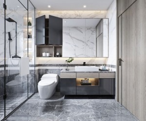主卫以现代为主，浴室柜主题选用的较深的木色，搭配灰色系瓷砖，使空间看上去更加有层次感。