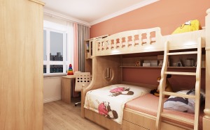 儿童房砖红色的背景墙和柔和的黄色层次分明，更加凸显个性，高低床的设计满足了小公主的童趣之心。