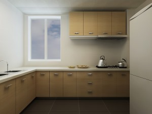 厨房采用浅色系哑光墙砖，搭配原木色橱柜，整体会更有质感，更加温馨，地面选用深色地砖，增加厨房的耐脏性