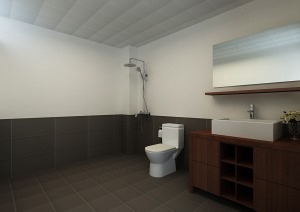 卫生间采用的是上下墙砖深浅色搭配的设计，增加空间的层次感，搭配的是深色木纹的浴室柜，给人高大上感觉。