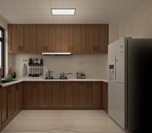 选择了欧派的整体厨房，地柜吊柜都选用胡桃木色板，与客餐厅的色调进行呼应，使空间在设计上更加统一。