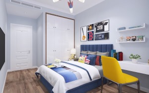 卧室的床头背景的组合挂画，让整个空间风格更加统一，营造了一个现代化的简单舒适的空间。