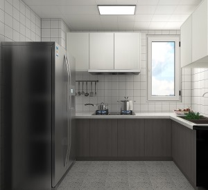 地柜采用阿拉斯加橡木和吊柜采用雪松白，由于厨房空间采光不太好，所以白色方格砖，使整体空间明亮通透。