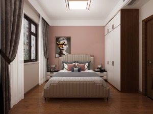 次卧床头背景墙选用了女主喜欢的肉粉色，与米白色床搭配，轻奢感十足，与床品整体搭配下来整个卧室空间清新