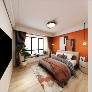 卧室简洁大气，没有做繁杂的造型，棕色皮质的床、灰色的木地板搭配拼色设计的衣柜，沉稳大气。