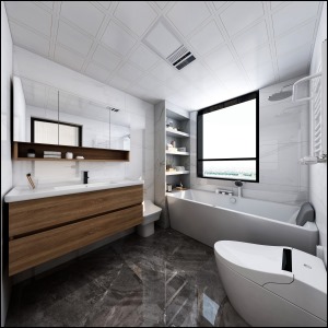 卫生间墙面采用白色大理石纹墙面砖，质感十足，也充分保证卫生间的光线，浴室柜原木色柜体温馨自然。
