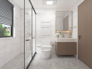 卫生间整体采用灰色调，浴室柜木色调的搭配增加层次感。干湿分离的设计避免洗浴水渍外溅，方便居家生活。