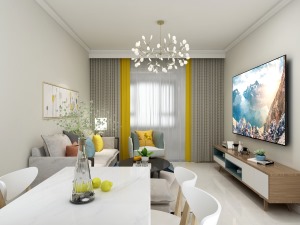 电视背景和沙发背景都以预调色漆为主，简单的装饰画搭配，在家具上选用淡雅色系，整体色调一致，雅大方。