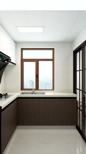 厨房空间采用L型，最大化利用储物空间，吊柜和地柜不同的色调把两个空间区分开来，厨房整体采光也不错。