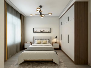 卧室墙面为预调色漆，使空间感更强，更为清新，整体空间比较宽松加上衣柜为收纳。