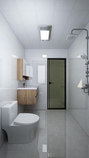 卫生间整体灰色调，浴室柜挂墙的设计一是美观，二是更易打扫。空间动线分明，生活起来也方便。