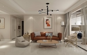 沙发背景墙设计了简单的石膏线，搭配质感超强的皮质沙发，清新感觉中带有一丝轻奢感。