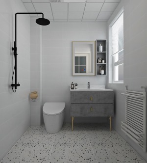 灰色墙砖突显出了整个空间的高级感，浴室柜上水泥木纹图案搭配金属元素，突显出高级的轻奢感。