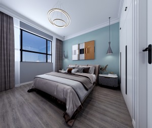 整体卧室采用现代风格，通过床头不同颜色的呼应，增加空间的层次感。