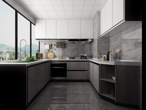 厨房主要运用黑白灰色调，干净的墙砖，搭配深色地柜，白色吊柜，让整个空间，现代感更强。